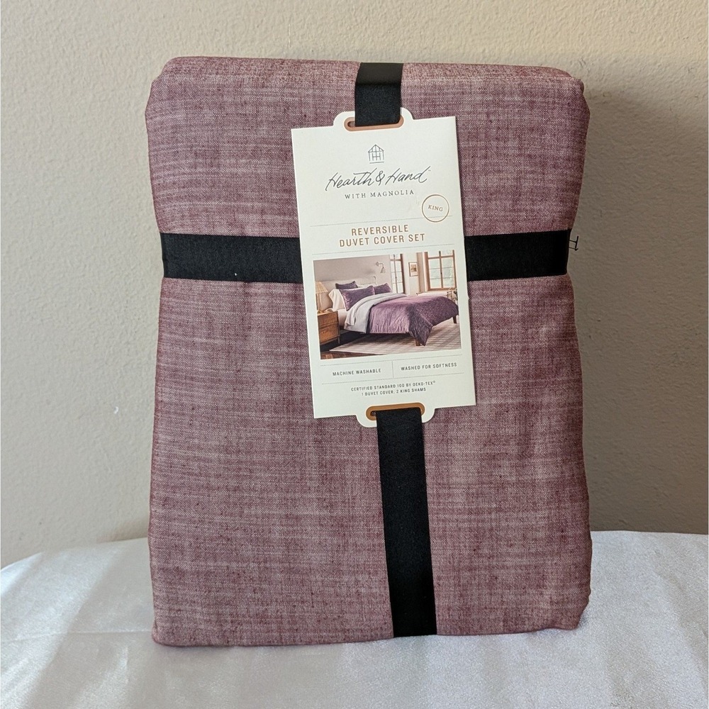 New Hearth & Hand with Magnolia Reversible Duvet Cover Set Burgundy King 3-Piece